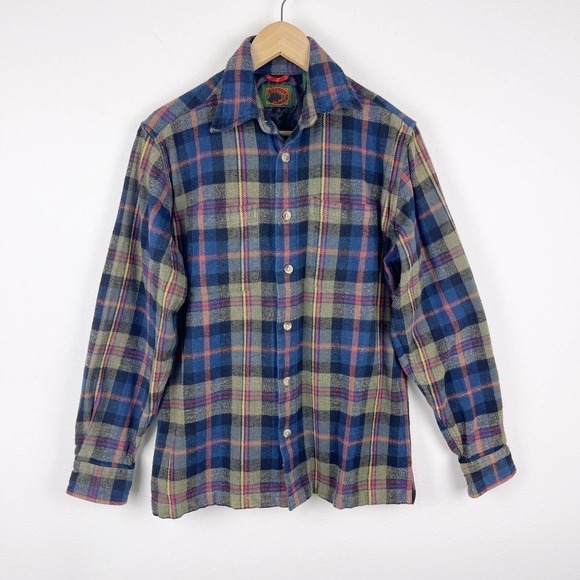 Vintage Boston Traders Blue Brown Plaid Heavyweight Flannel Shirt Shacket Small - Picture 1 of 8
